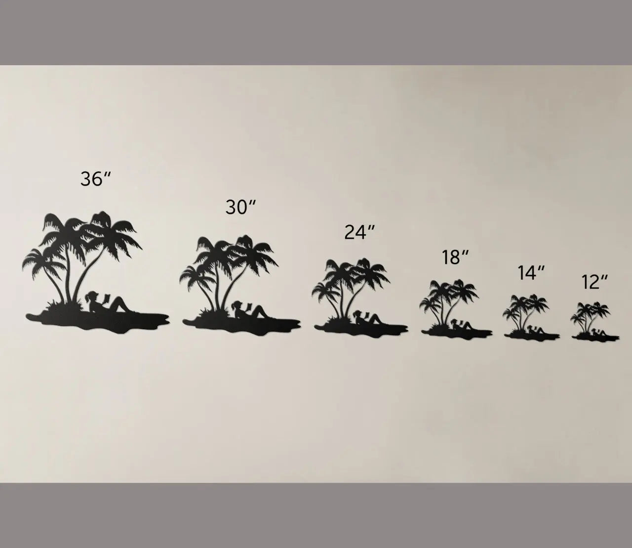 Size Chart for Metal wall art of a woman reading under palm trees on the beach, sunbathing in a tropical scene, crafted from steel and available in multiple sizes and colors.