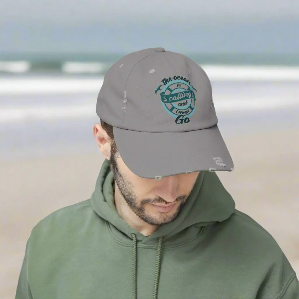 The Ocean is Calling and I Must Go Distressed Cap Hats Everythings Beachy