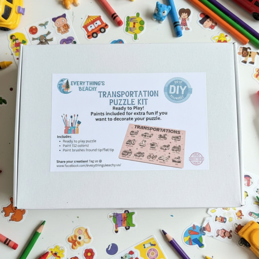 A white box labeled “Transportation Puzzle Kit” with a printed card showing the puzzle and included paint supplies.