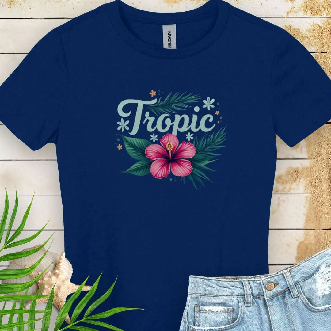 Navy Tropic Women's T-shirt with bright pink hibiscus flower.