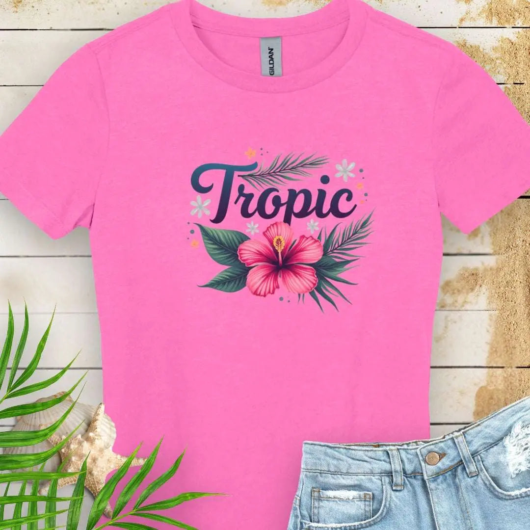 Azalea Tropic Women's T-shirt with bright pink hibiscus flower.