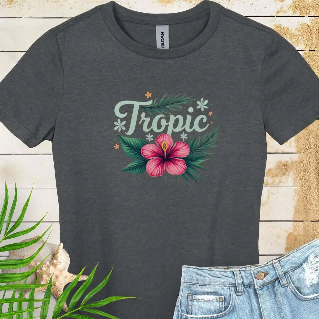 Dark Heather Tropic Women's T-shirt with bright pink hibiscus flower.