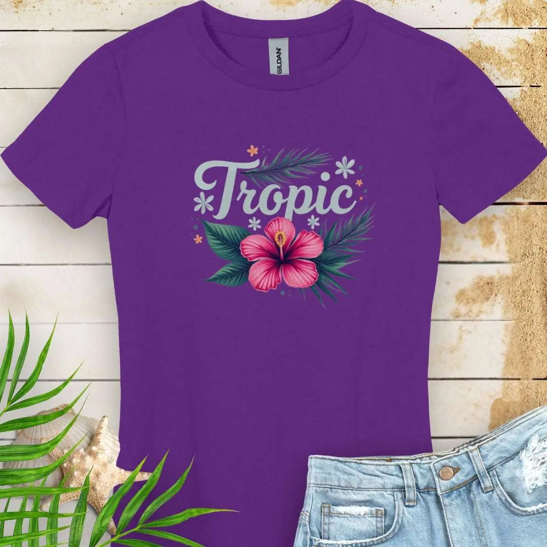 Purple Tropic Women's T-shirt with bright pink hibiscus flower.