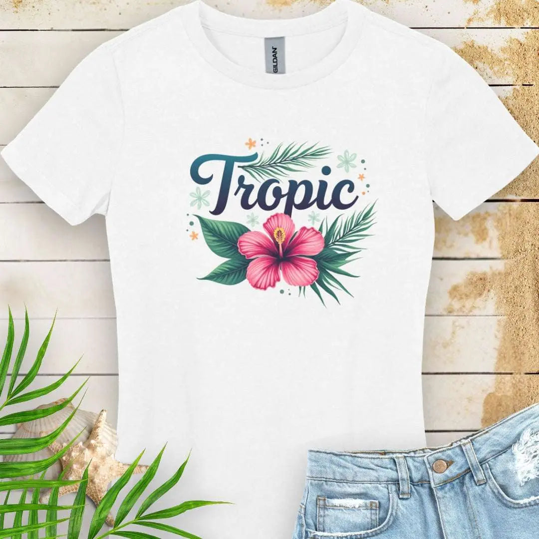 White Tropic Women's T-shirt with bright pink hibiscus flower.