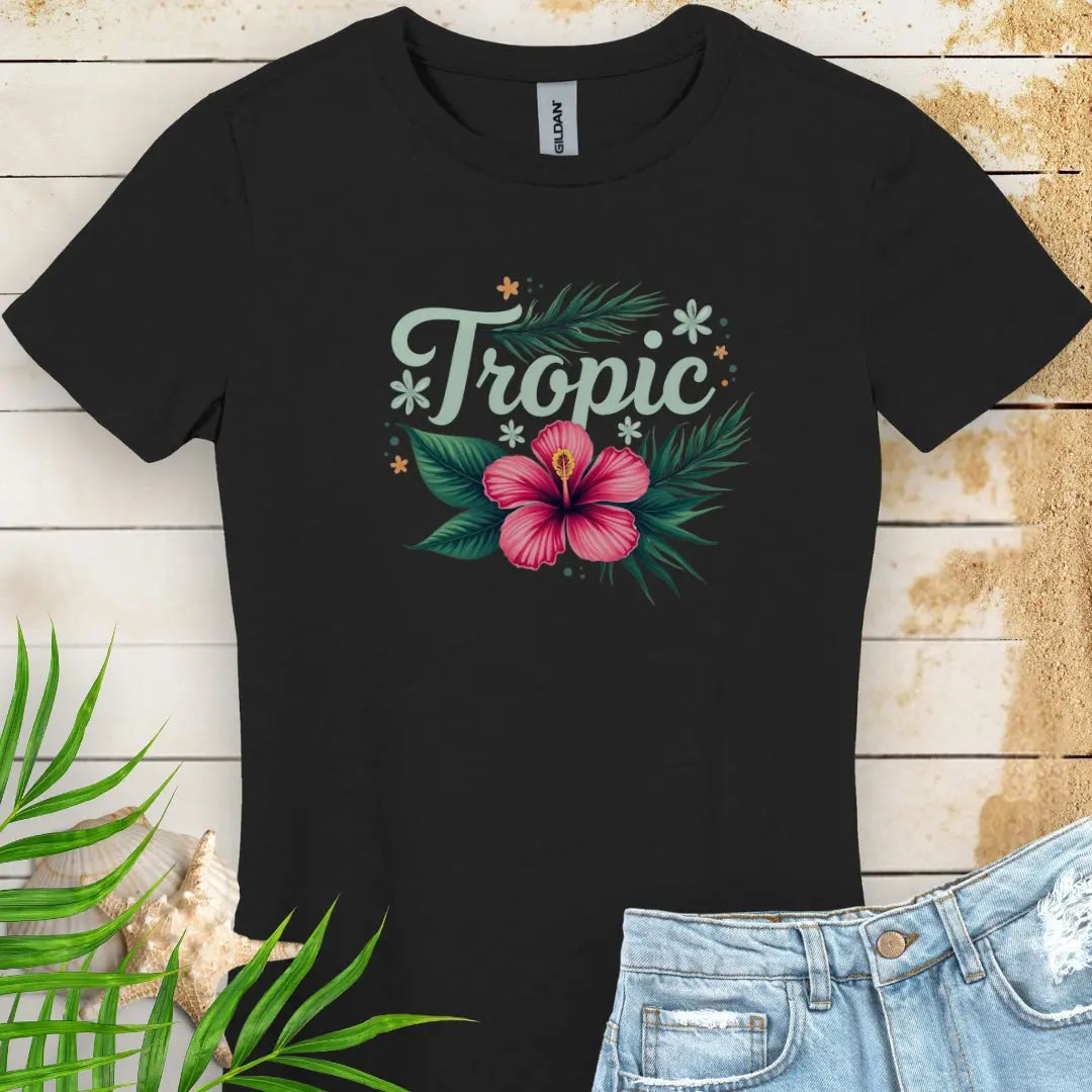 Black Tropic Women's T-shirt with bright pink hibiscus flower.