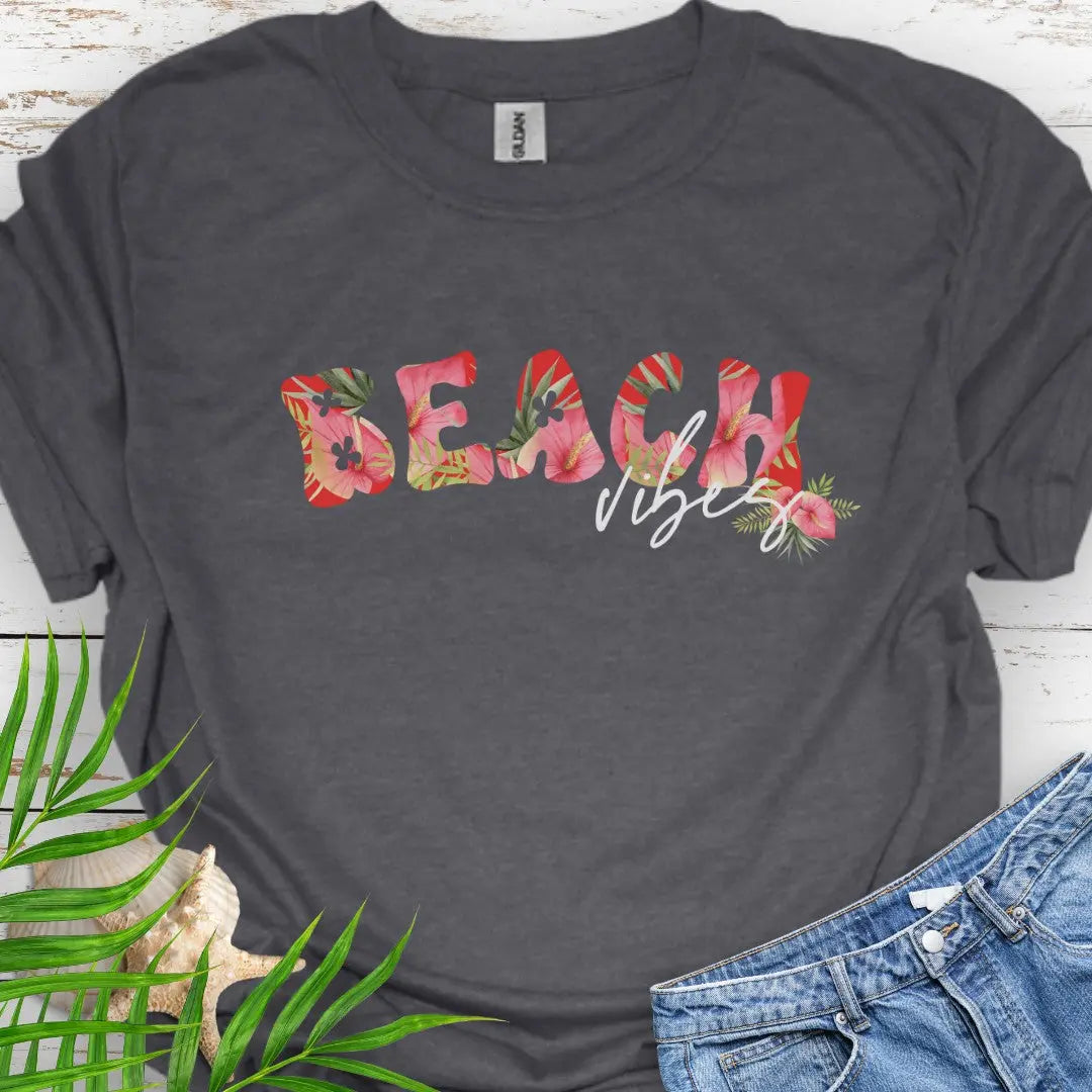 Dark Heather T-shirt with Beach in Aloha hibiscus flower font and vibes for a tropical feel.
