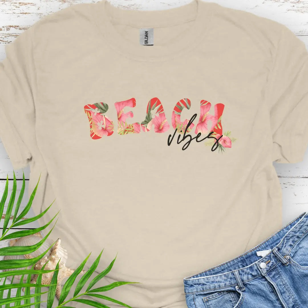 Natural T-shirt with Beach in Aloha hibiscus flower font and vibes for a tropical feel.
