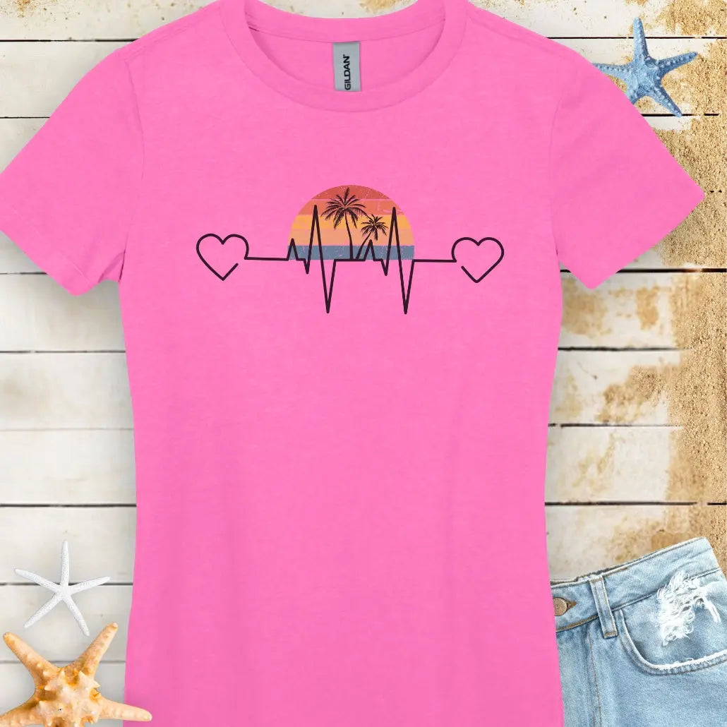 Stay comfy in this azalea women's T-shirt featuring a retro sunset and heartline design with hearts at both ends. "Tropical Pulse" text adds a beachy, laid-back vibe.