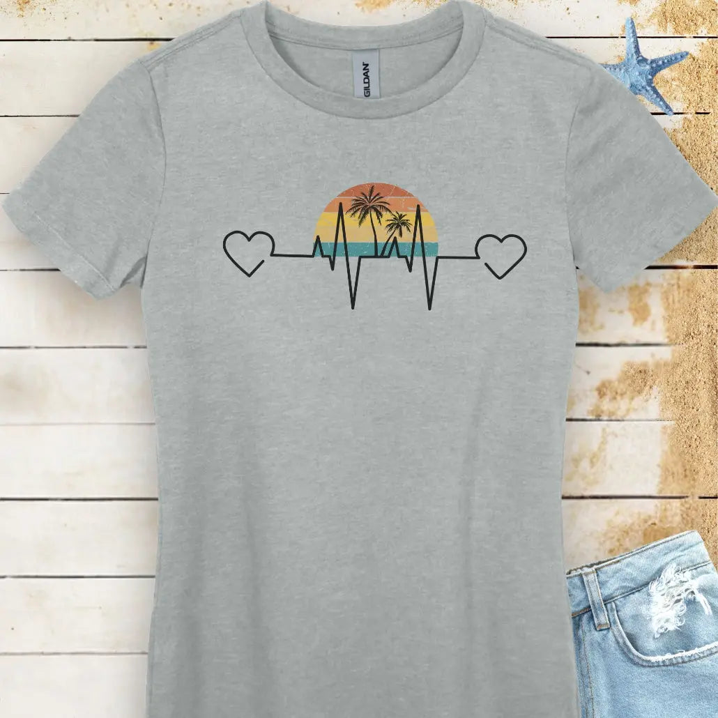Sport Gray Stay comfy in this white women's T-shirt featuring a retro sunset and heartline design with hearts at both ends. "Tropical Pulse" text adds a beachy, laid-back vibe.
