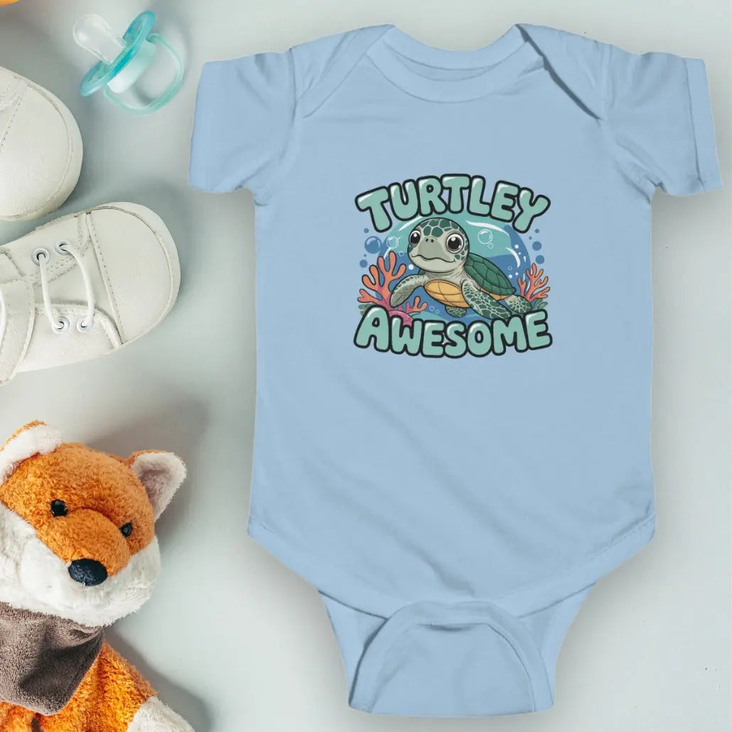 Light Blue 'Turtley Awesome' Baby One-piece Bodysuit with a sea turtle in an underwater scene.