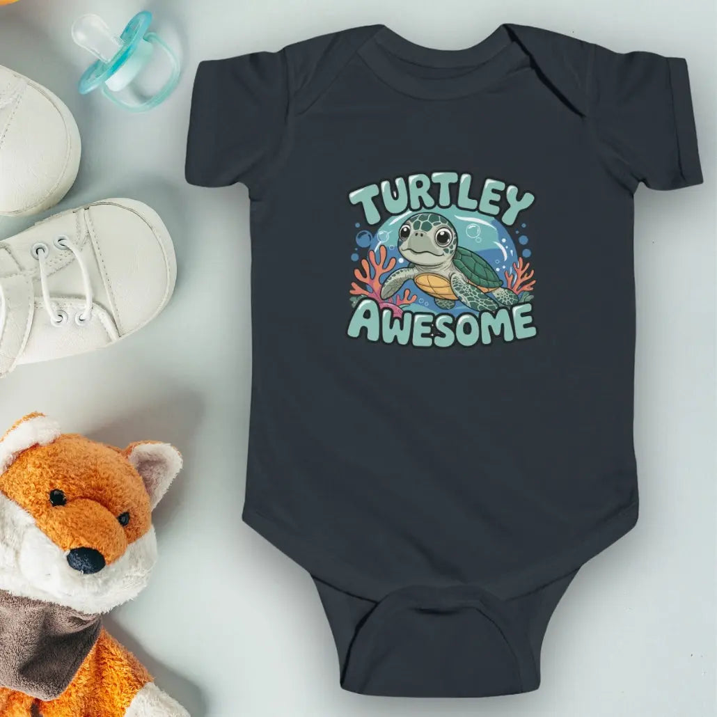 Black 'Turtley Awesome' Baby One-piece Bodysuit with a sea turtle in an underwater scene.