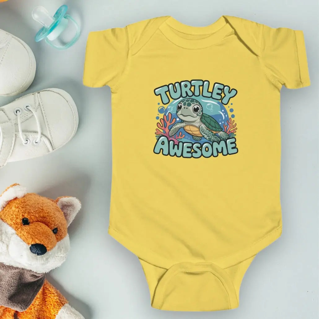 Butter Yellow 'Turtley Awesome' Baby One-piece Bodysuit with a sea turtle in an underwater scene.