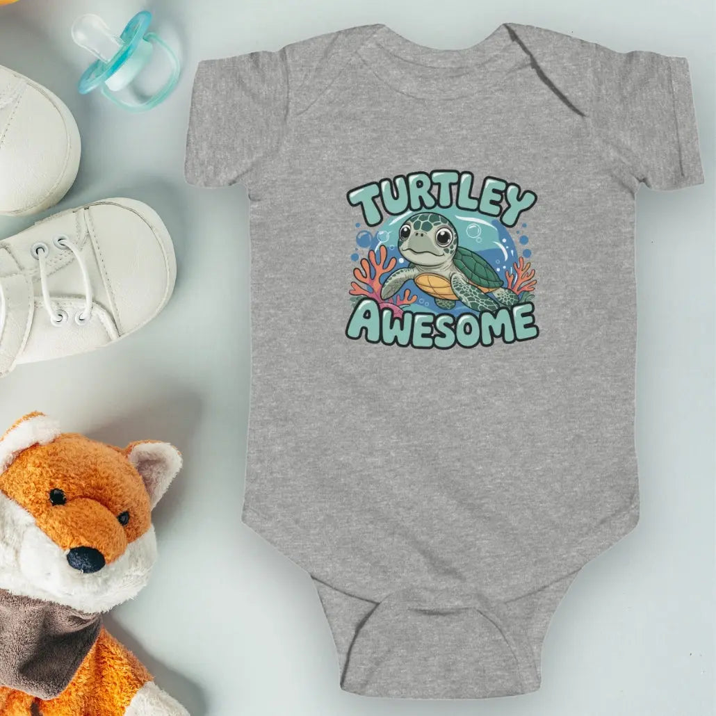 Heather Gray 'Turtley Awesome' Baby One-piece Bodysuit with a sea turtle in an underwater scene.