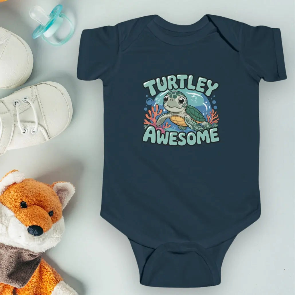 Navy 'Turtley Awesome' Baby One-piece Bodysuit with a sea turtle in an underwater scene.