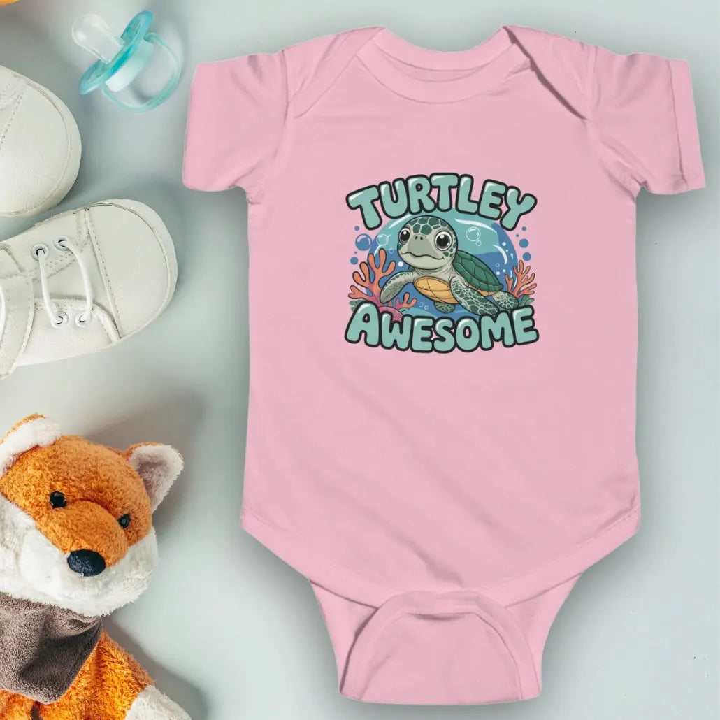 Pink 'Turtley Awesome' Baby One-piece Bodysuit with a sea turtle in an underwater scene.