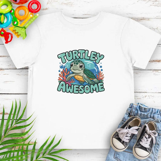 Turtley Awesome Toddler's White T-shirt with cartoon sea turtle underwater.