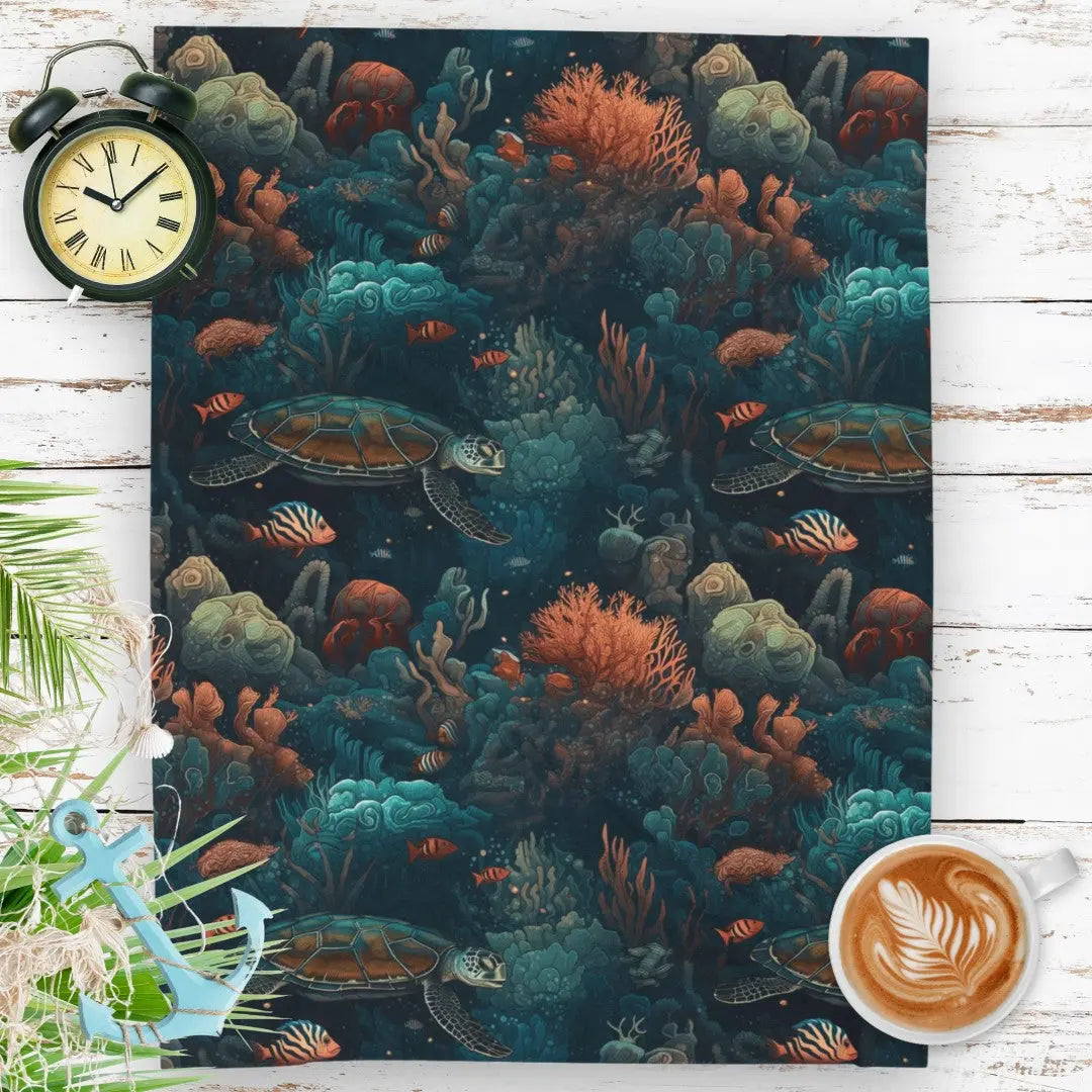 Our Velveteen Plush Blanket with a dark underwater scene with coral, fish and sea turtles.