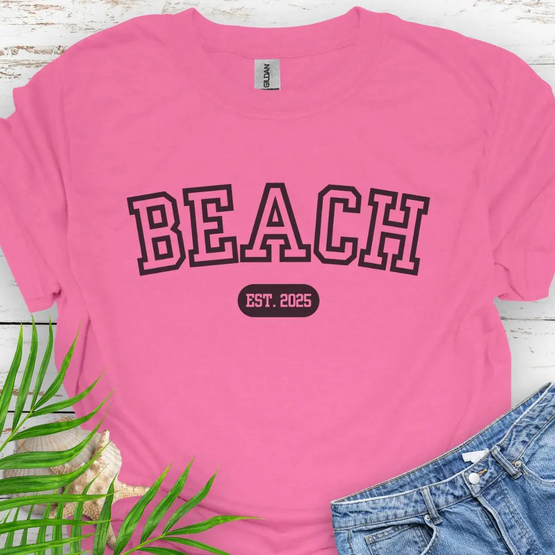 Varsity font Beach tee with customized year in Azalea.