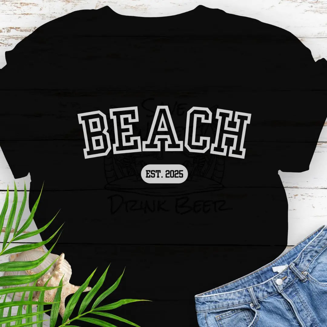 Varsity font Beach tee with customized year in Black.