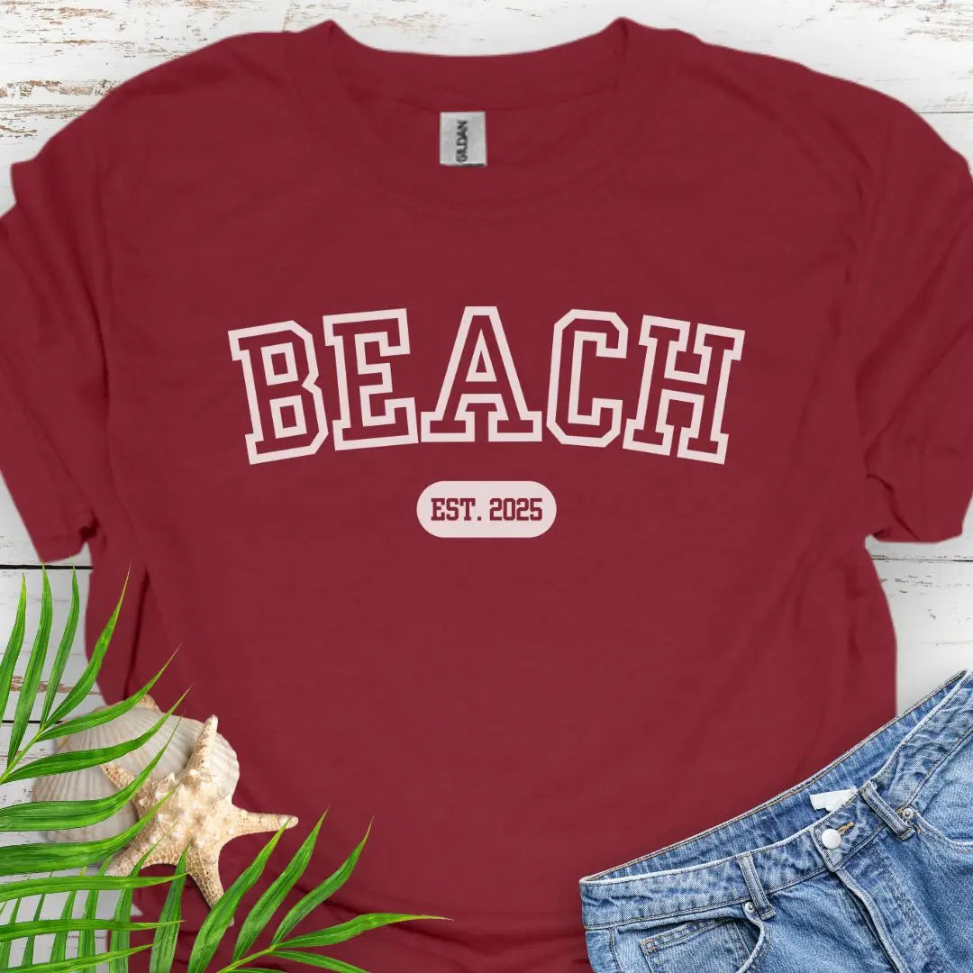 Varsity font Beach tee with customized year in maroon.