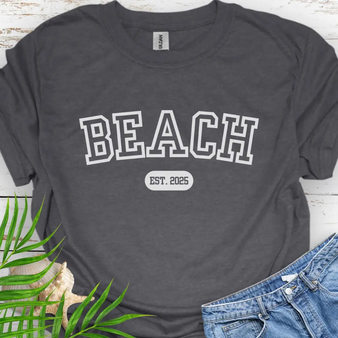 Varsity font Beach tee with customized year in Dark Heather.