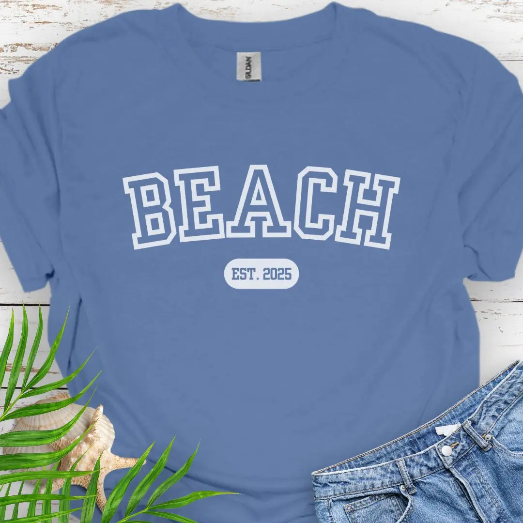Varsity font Beach tee with customized year in Indigo Blue.