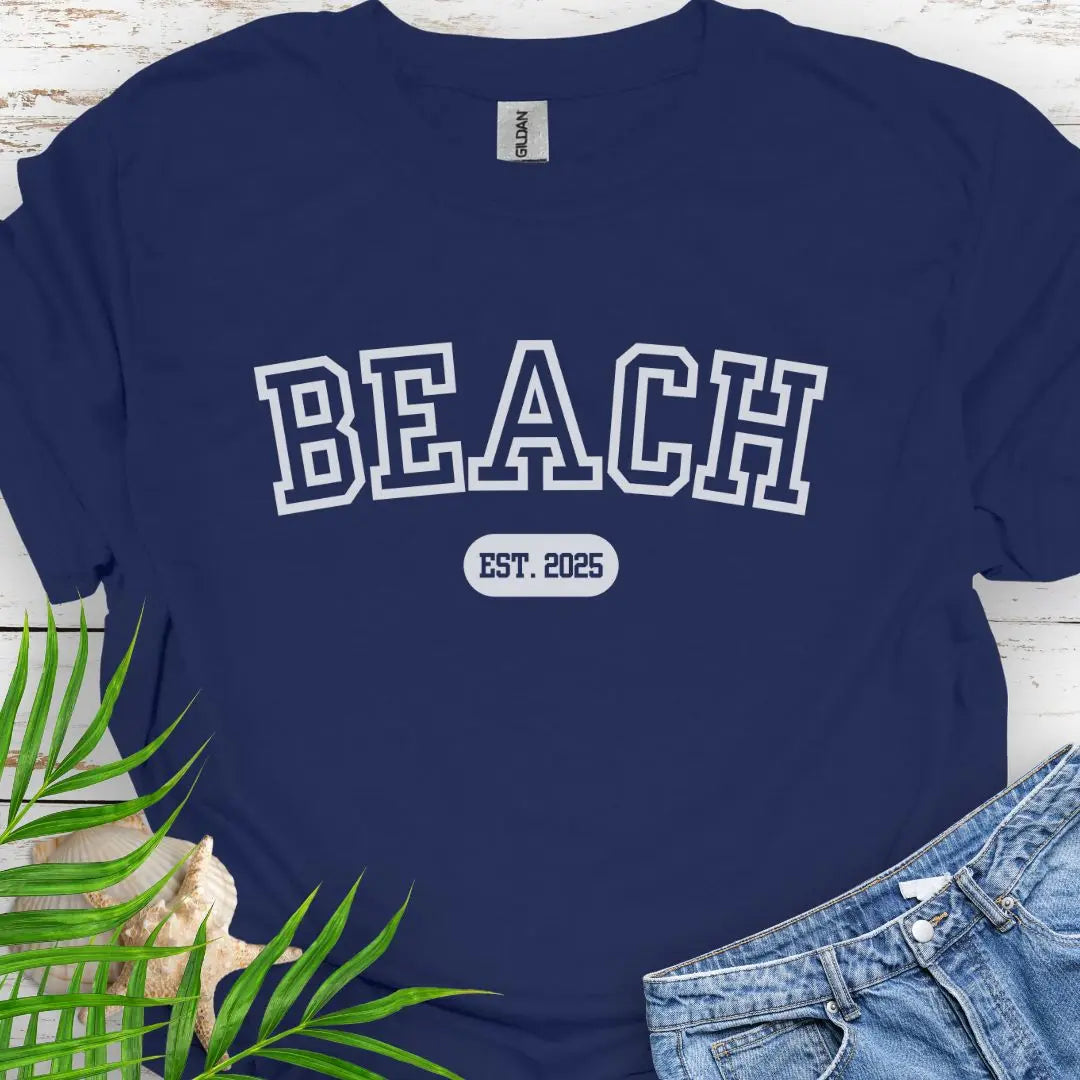 Varsity font Beach tee with customized year in Navy.