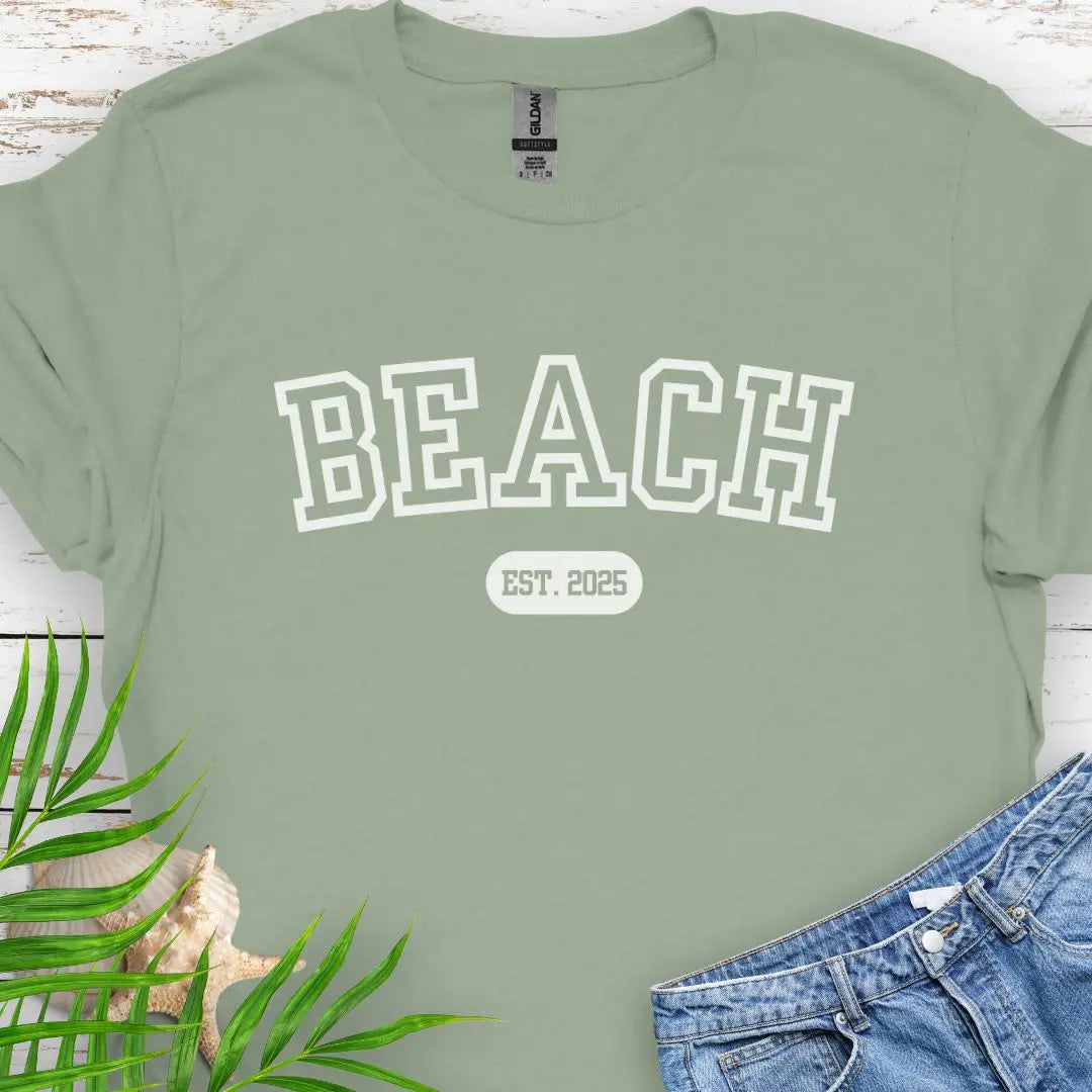 Varsity font Beach tee with customized year in Sage.
