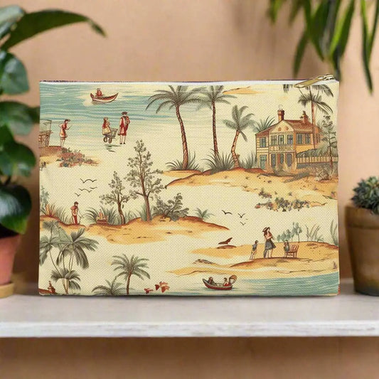 Our Vintage Beach Accessory Pouch constructed from a durable material with a zipper closure featuring a vintage beach scene. Available in small or large.