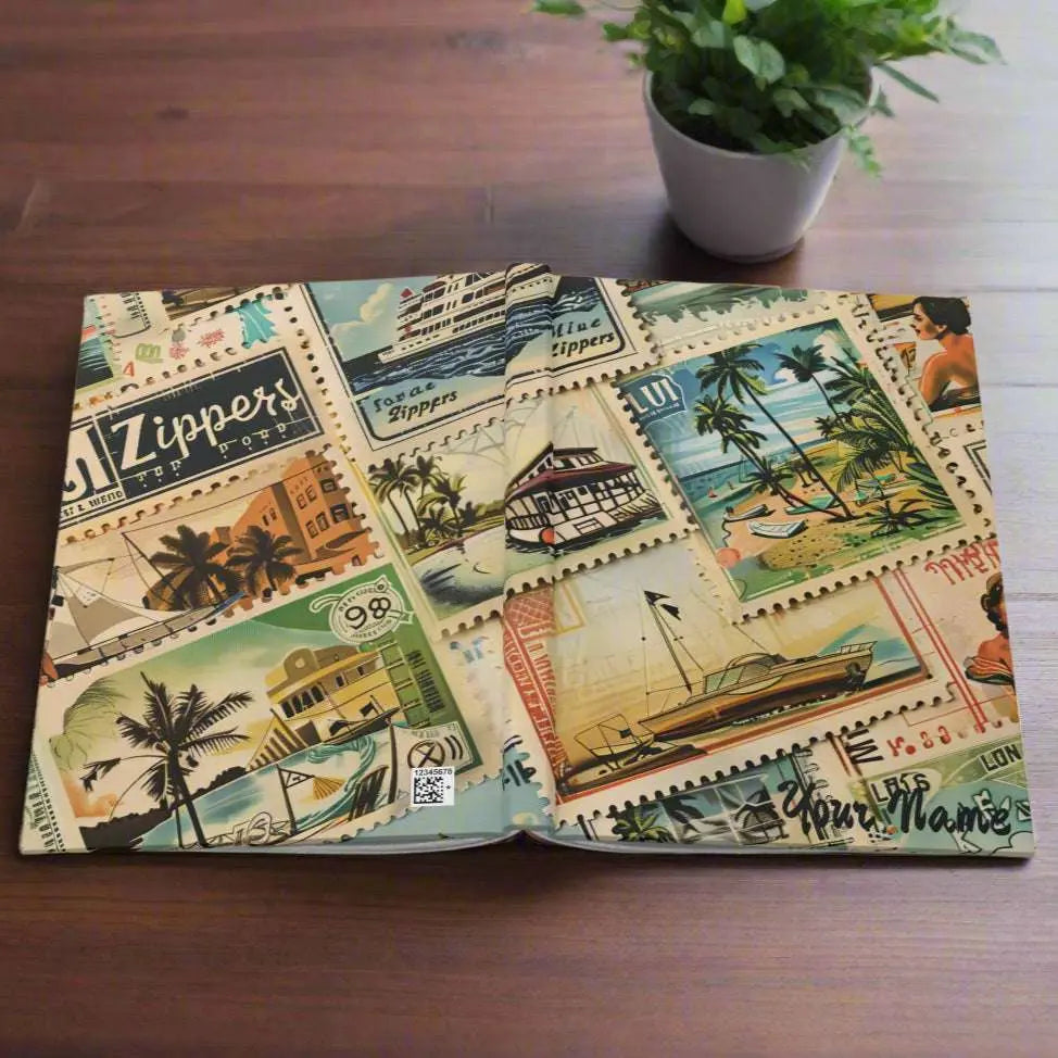 Journal with vintage travel stamps that can be personalized with your name.