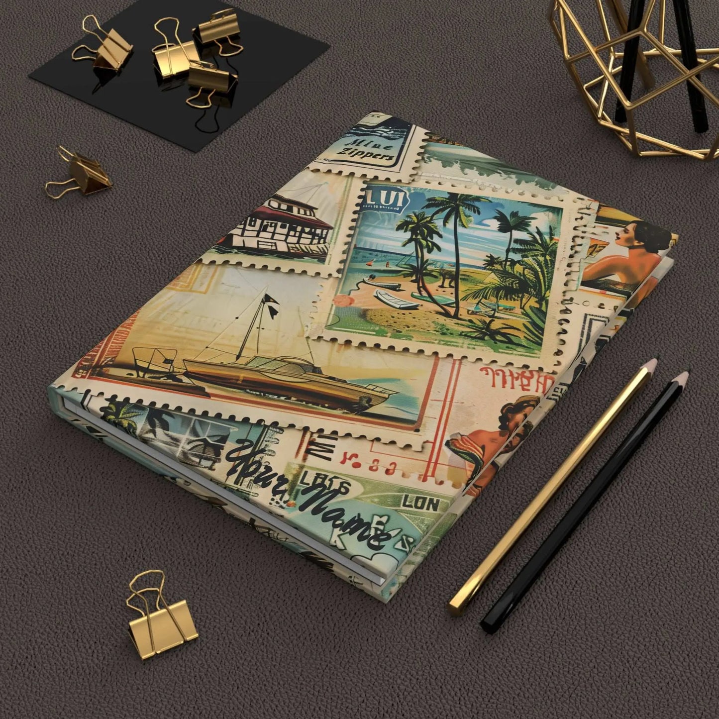 Hardcover Journal with vintage trave stamps personalized with your name.