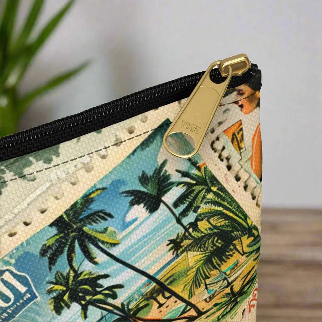 Close up of our Vintage Traveler Accessory Pouch constructed from a durable material with a zipper closure featuring an array of vintage stamps. Available in small or large.