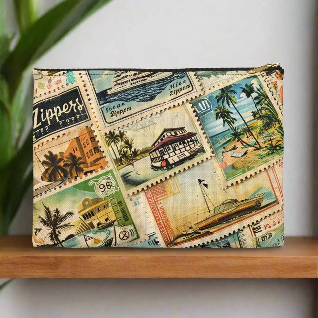 Our Vintage Traveler Accessory Pouch constructed from a durable material with a zipper closure featuring an array of vintage stamps. Available in small or large.