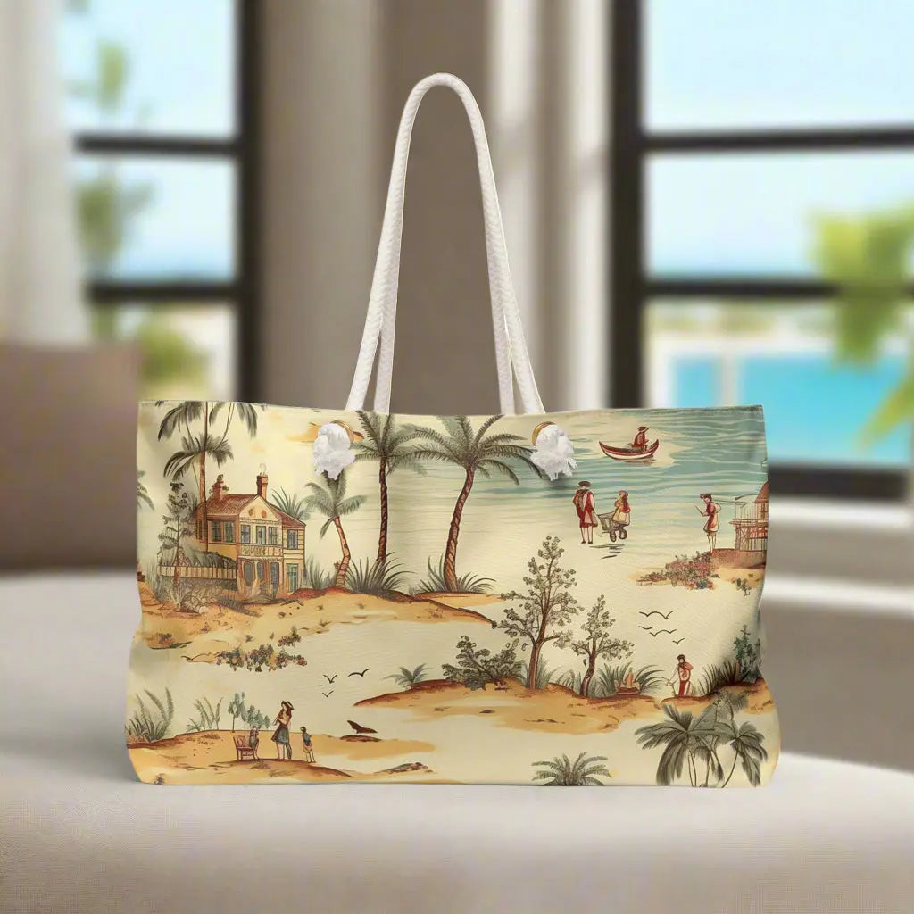 Our Vintage Beach Weekender Tote Bag constructed from a durable material with a rope handle with metal grommets featuring a vintage beach scene.