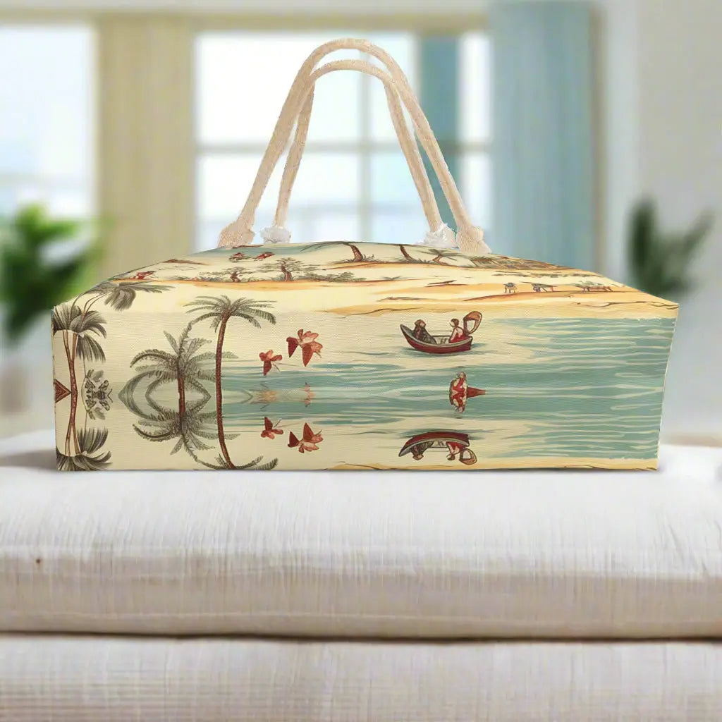 Bottom view of our Vintage Beach Weekender Tote Bag constructed from a durable material with a rope handle with metal grommets featuring a vintage beach scene.