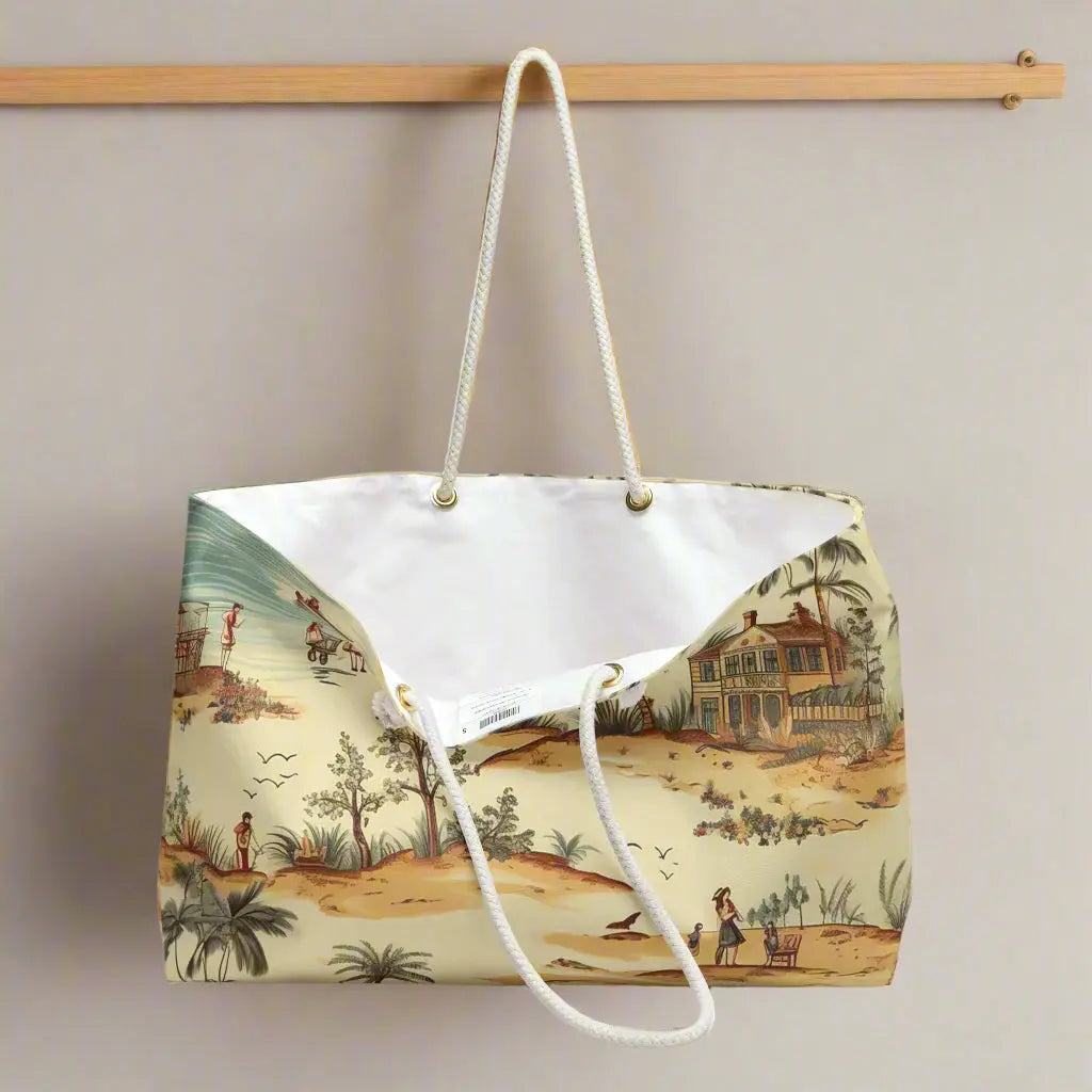 Our Vintage Beach Weekender Tote Bag constructed from a durable material with a rope handle with metal grommets featuring a vintage beach scene.