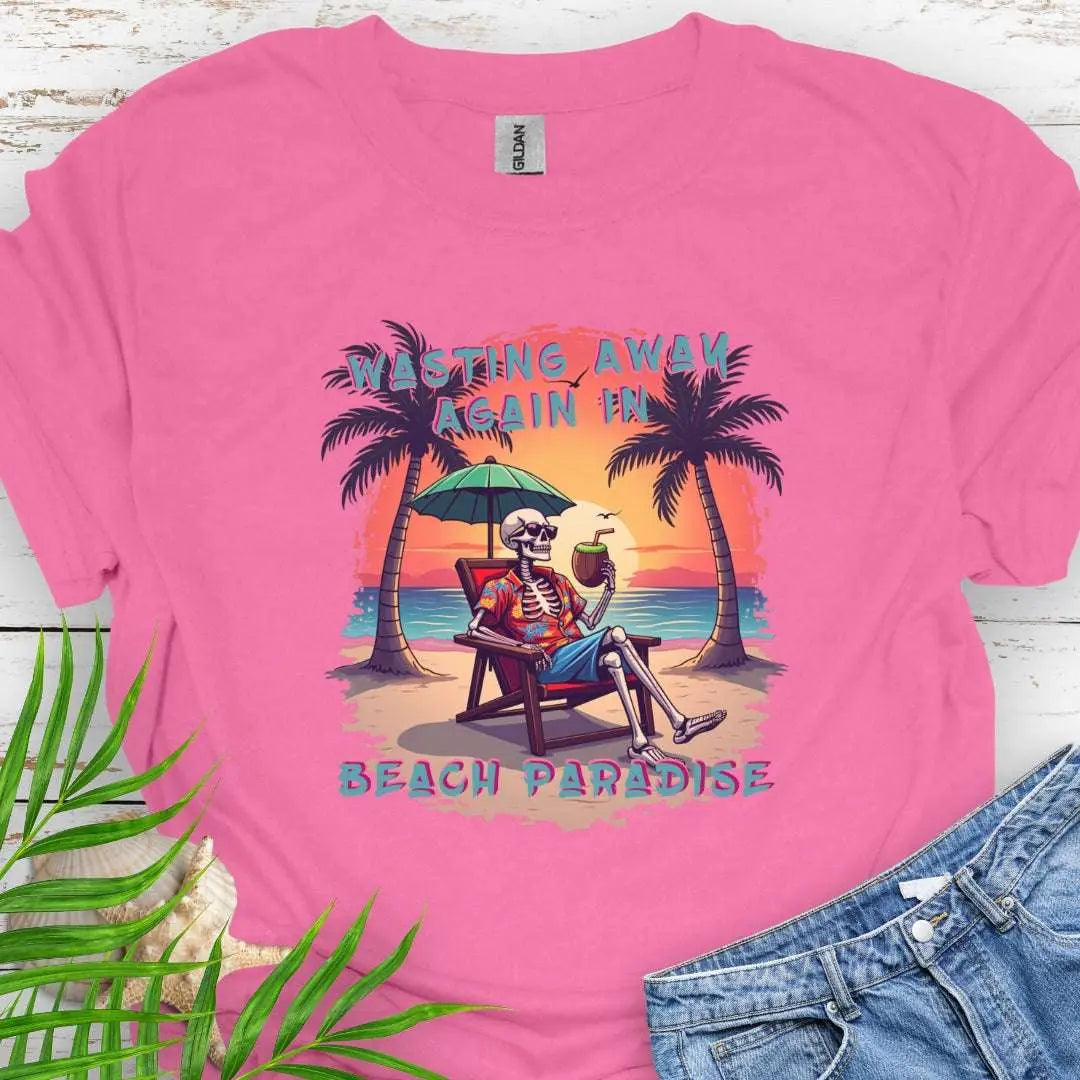 An Azalea T-shirt with a skeleton in a Hawaiian Shirt sitting under a beach umbrella on the beach at sunset with a coconut drink between two palm trees that says Wasting Away in Beach Paradise.