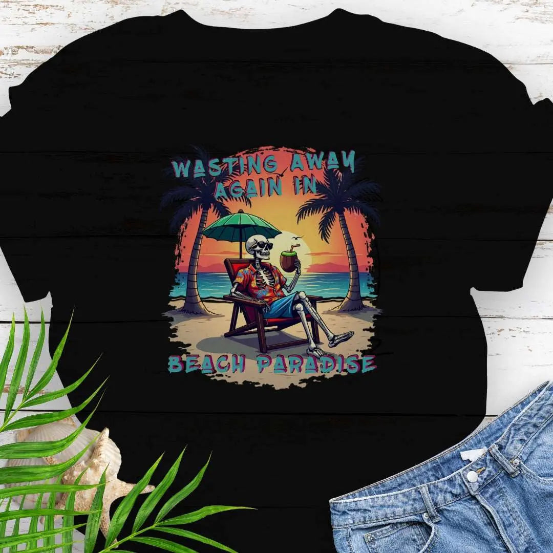 A Black T-shirt with a skeleton in a Hawaiian Shirt sitting under a beach umbrella on the beach at sunset with a coconut drink between two palm trees that says Wasting Away in Beach Paradise.