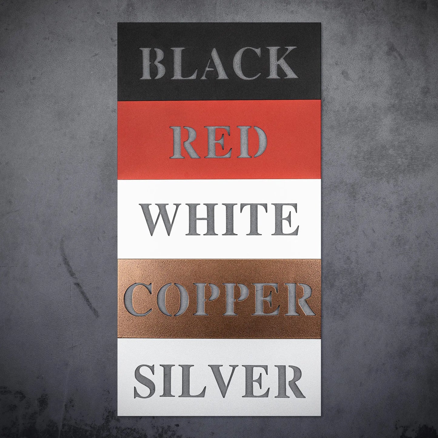 Metal Art Color Chart black, red, white, copper and silver for metal wall art shaped like an anchor with a heart at the top and the word “Welcome” cut out in the center; made of powder-coated steel.