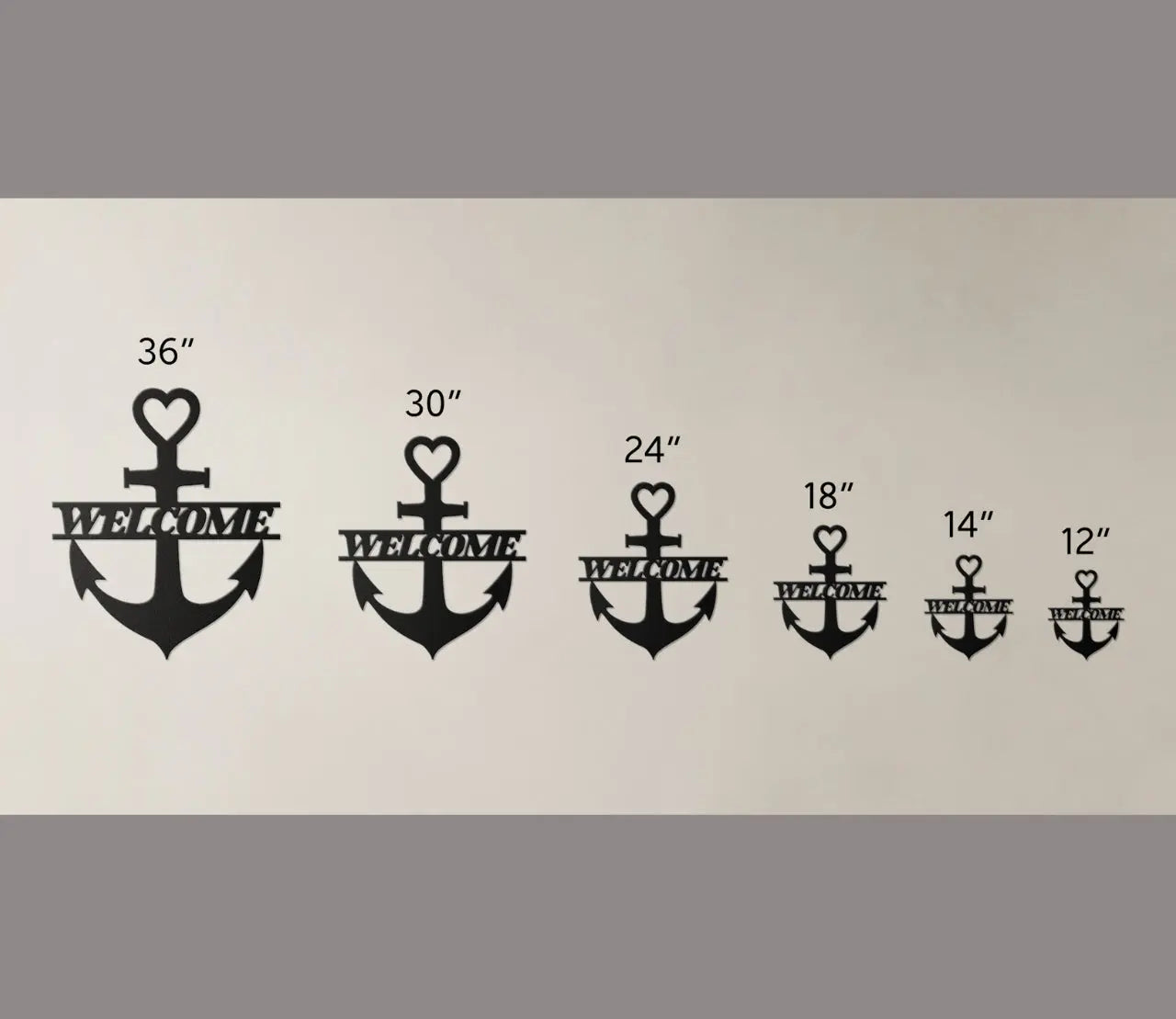 Size Chart for metal wall art shaped like an anchor with a heart at the top and the word “Welcome” cut out in the center; made of powder-coated steel.