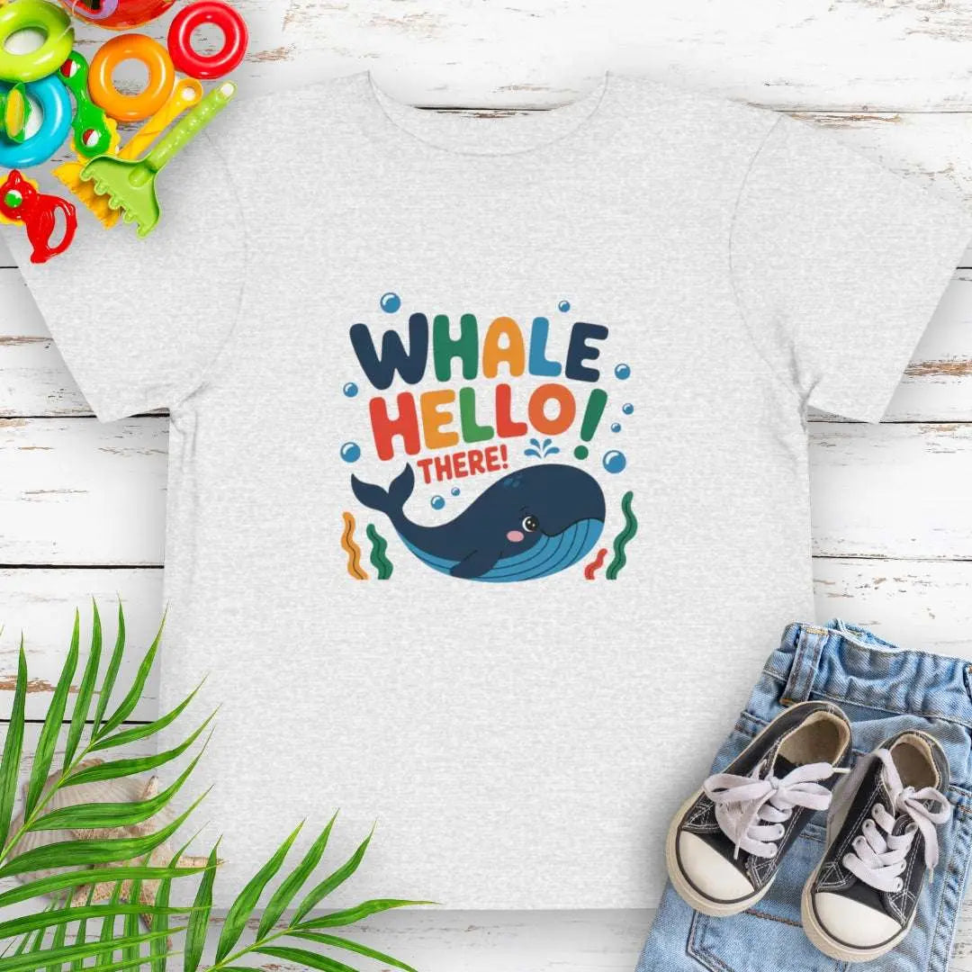 Whale Hello Toddler's Ash T-shirt with a fun whale swimming under the text with water bubbles.