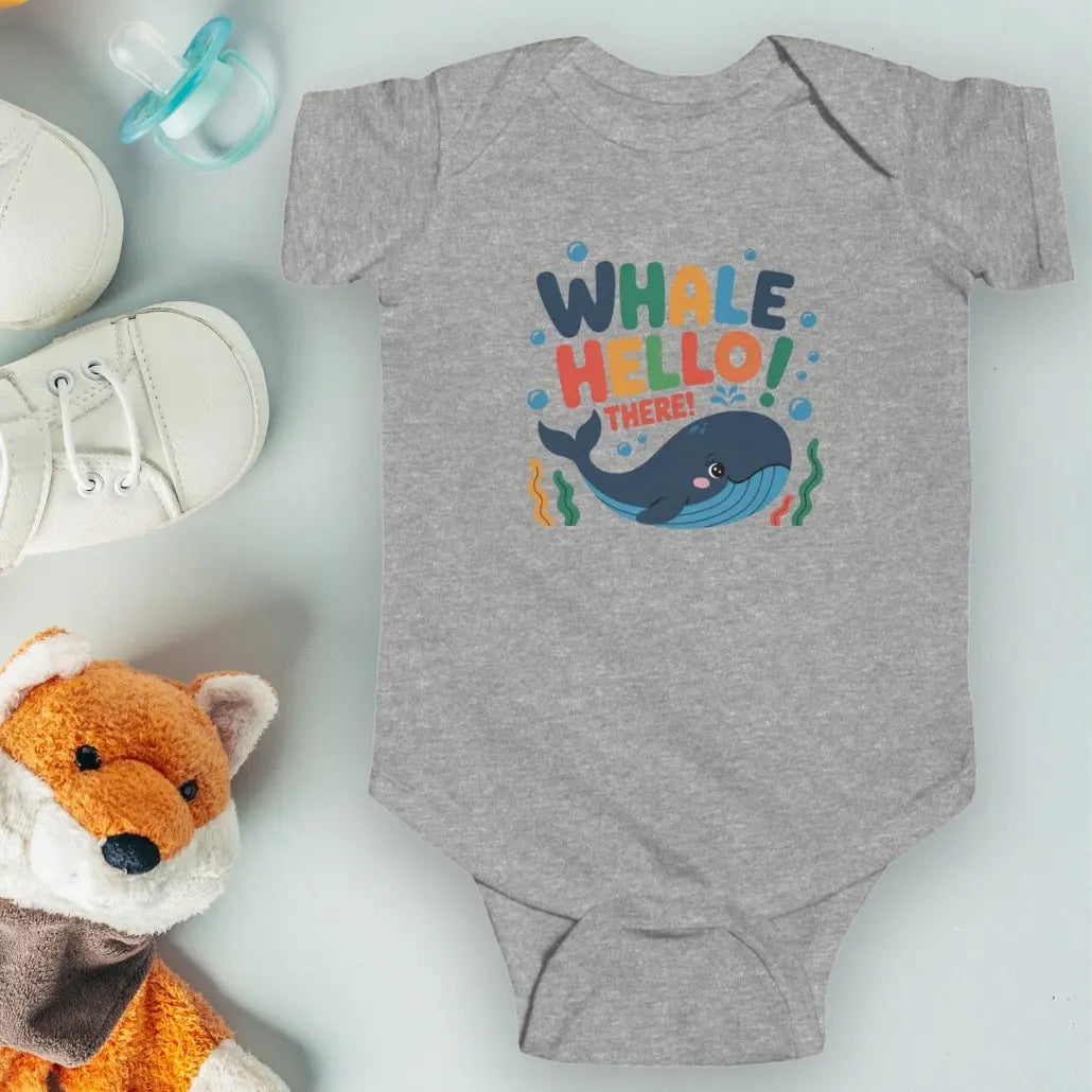 Whale Hello Child's Gray baby short-sleeved bodysuit with a fun whale swimming under the text with water bubbles and seaweed.