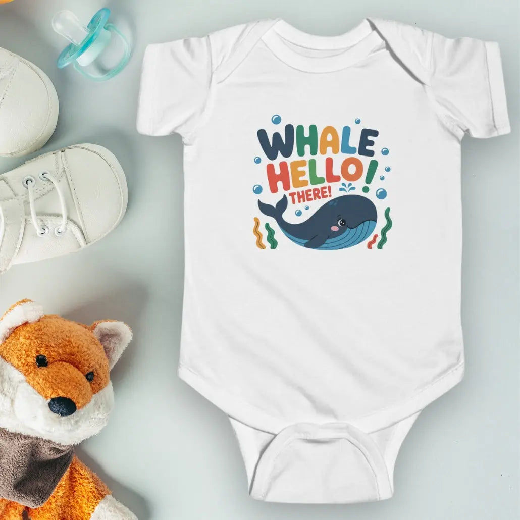 Whale Hello Child's White baby short-sleeved bodysuit with a fun whale swimming under the text with water bubbles and seaweed.