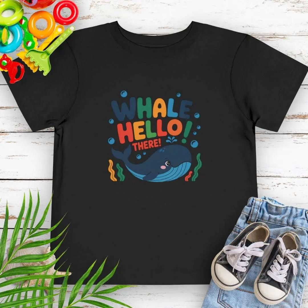Whale Hello Toddler's Black T-shirt with a fun whale swimming under the text with water bubbles.