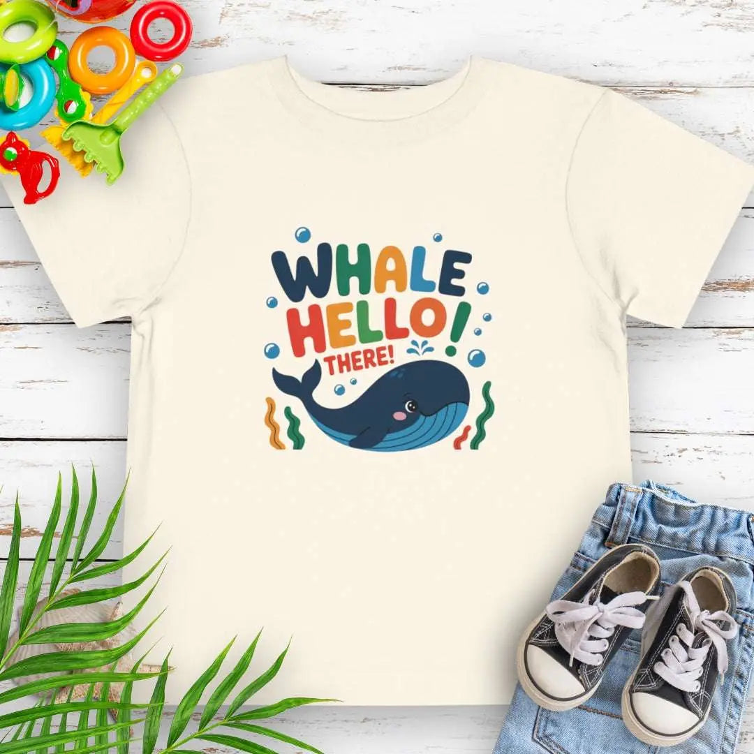 Whale Hello Toddler's Natural T-shirt with a fun whale swimming under the text with water bubbles.