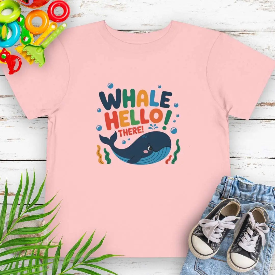 Whale Hello Toddler's Pink T-shirt with a fun whale swimming under the text with water bubbles.