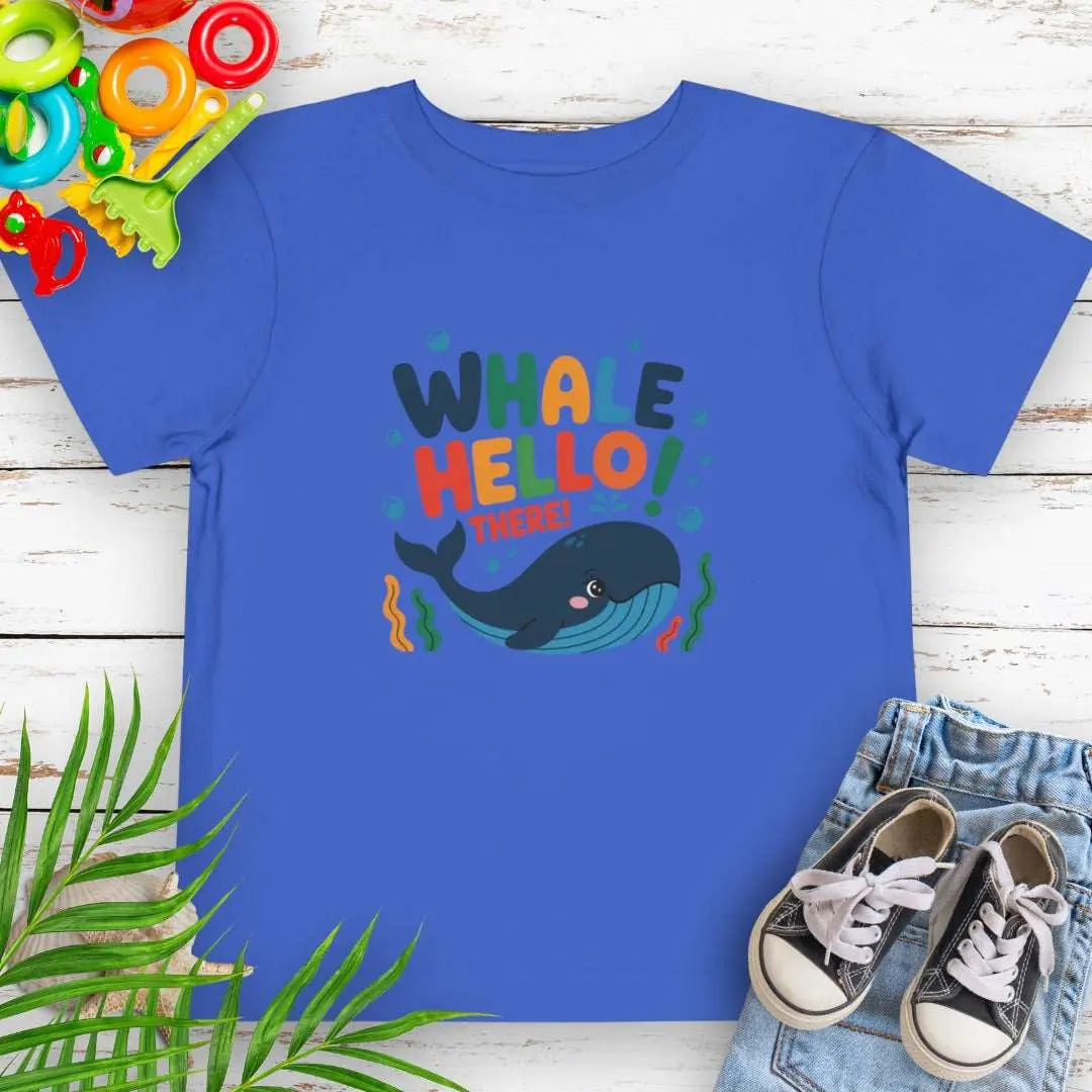 Whale Hello Toddler's Royal Blue T-shirt with a fun whale swimming under the text with water bubbles.