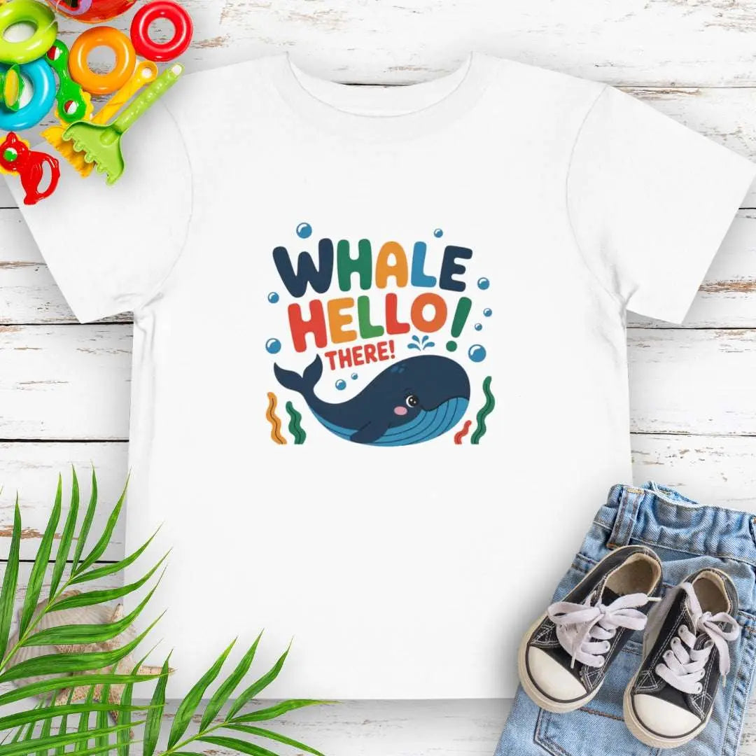 Whale Hello Toddler's White T-shirt with a fun whale swimming under the text with water bubbles.