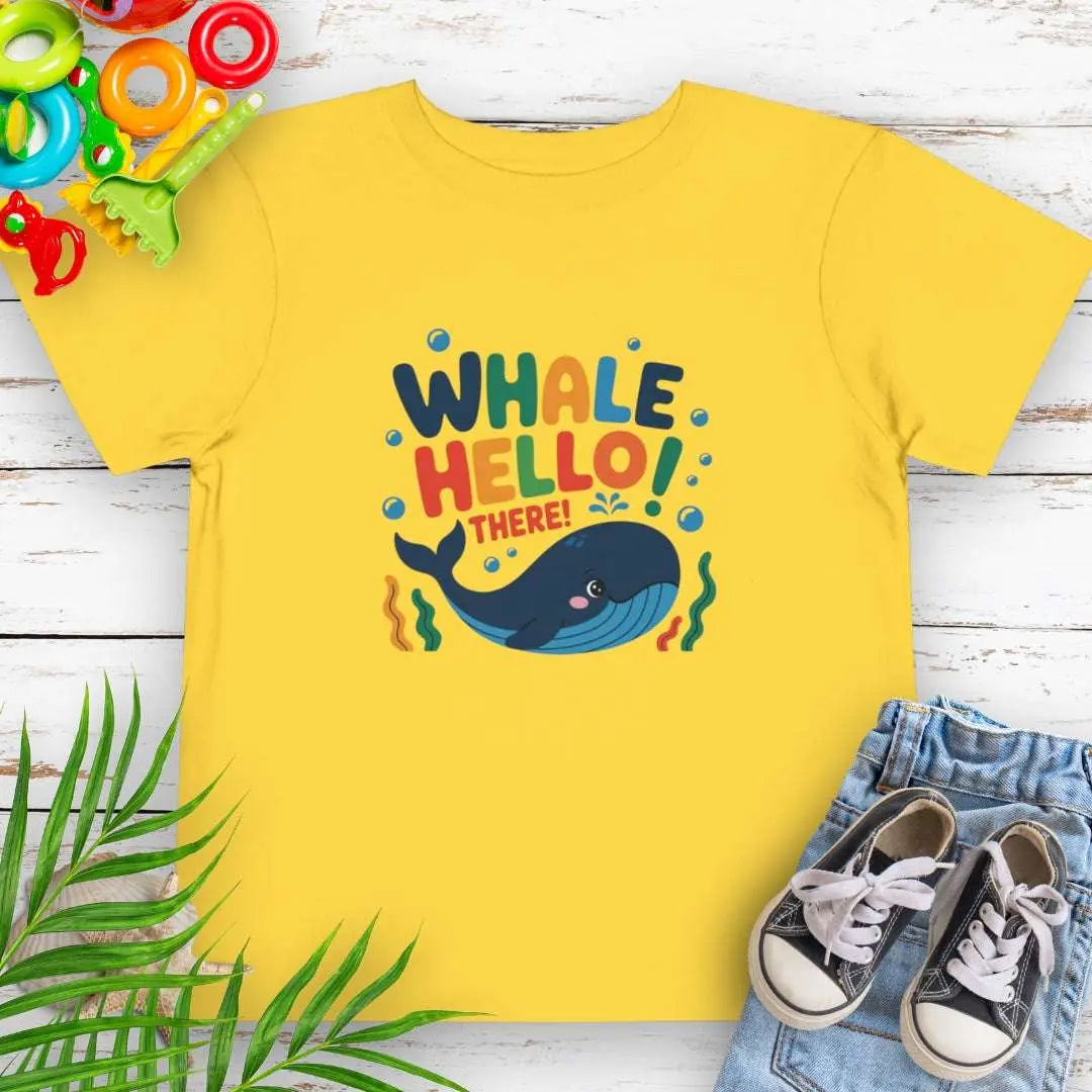 Whale Hello Toddler's Yellow T-shirt with a fun whale swimming under the text with water bubbles.