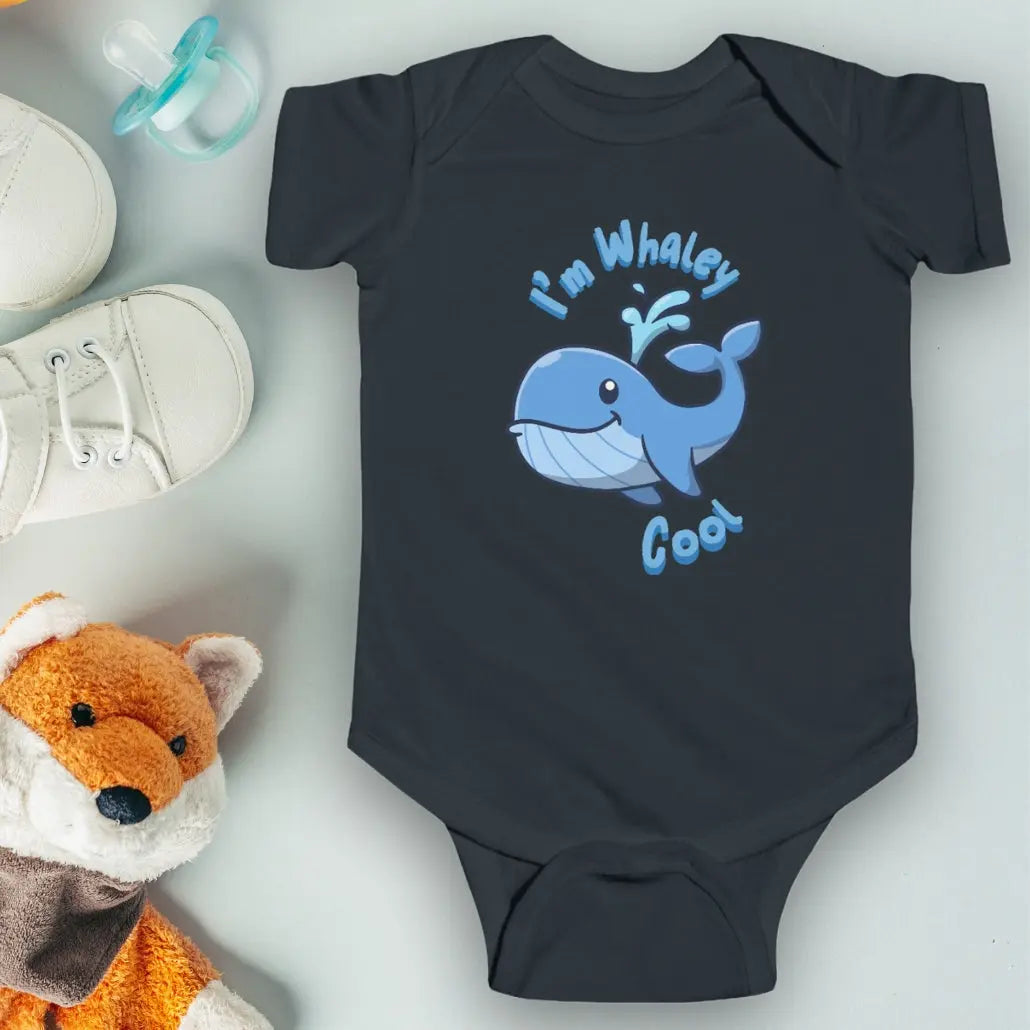 Black infant one-piece bodysuit with a cartoon whale that says I'm Whaley Cool.